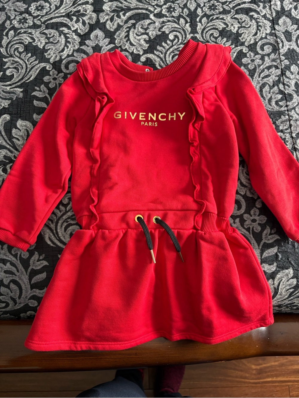 Givenchy Red Ruffle Logo Drawstring Sweatshirt Dress